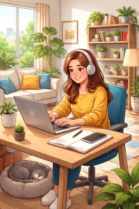 lavoro da casa in un soggiorno luminoso