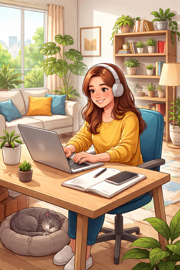 lavoro da casa in un soggiorno luminoso